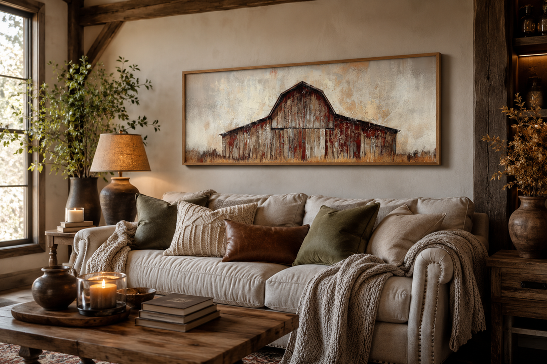 Rustic brown barn panoramic framed canvas wall art hanging above a neutral sofa in a cozy room.