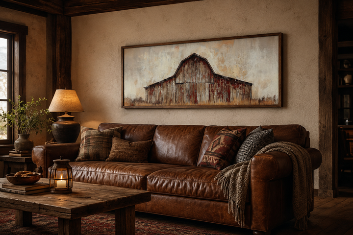 Panoramic framed canvas wall art of a rustic brown barn above a leather sofa in a farmhouse room.