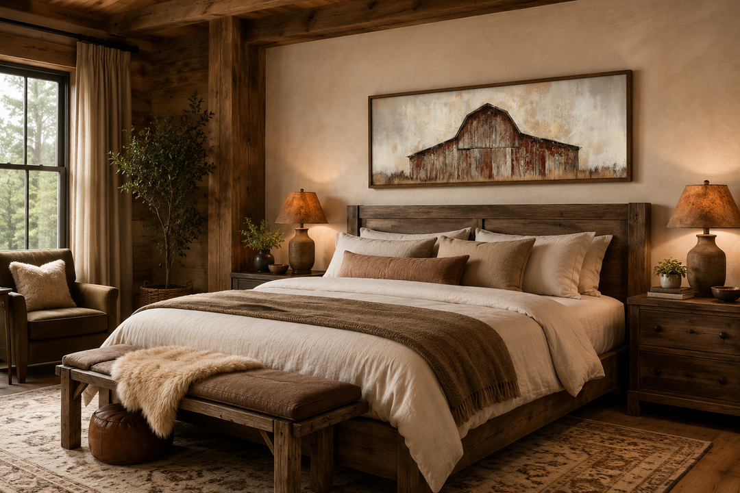 Rustic brown barn panoramic framed canvas wall art hanging above a bed in a farmhouse bedroom.