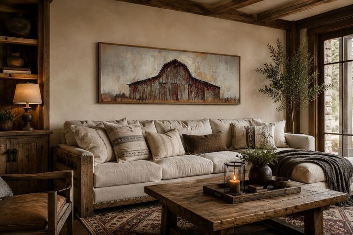 Rustic brown barn panoramic framed canvas wall art hanging above a neutral sofa in a cozy room.