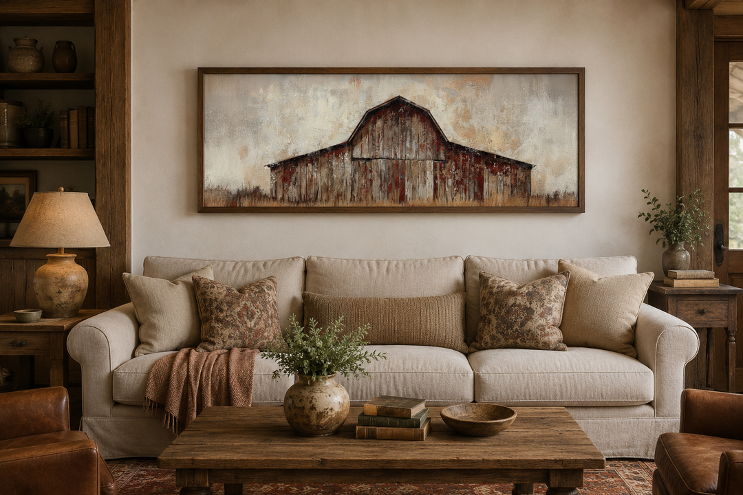 Rustic brown barn panoramic framed canvas wall art hanging above a neutral sofa in a farmhouse room.