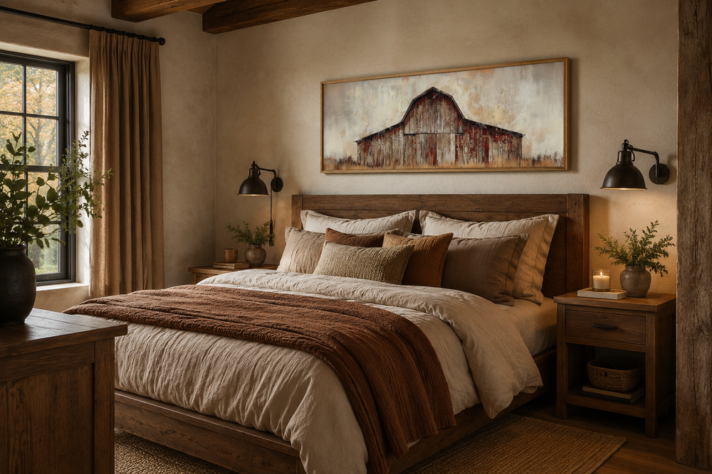 Rustic brown barn panoramic framed canvas wall art hanging above a bed in a farmhouse bedroom.