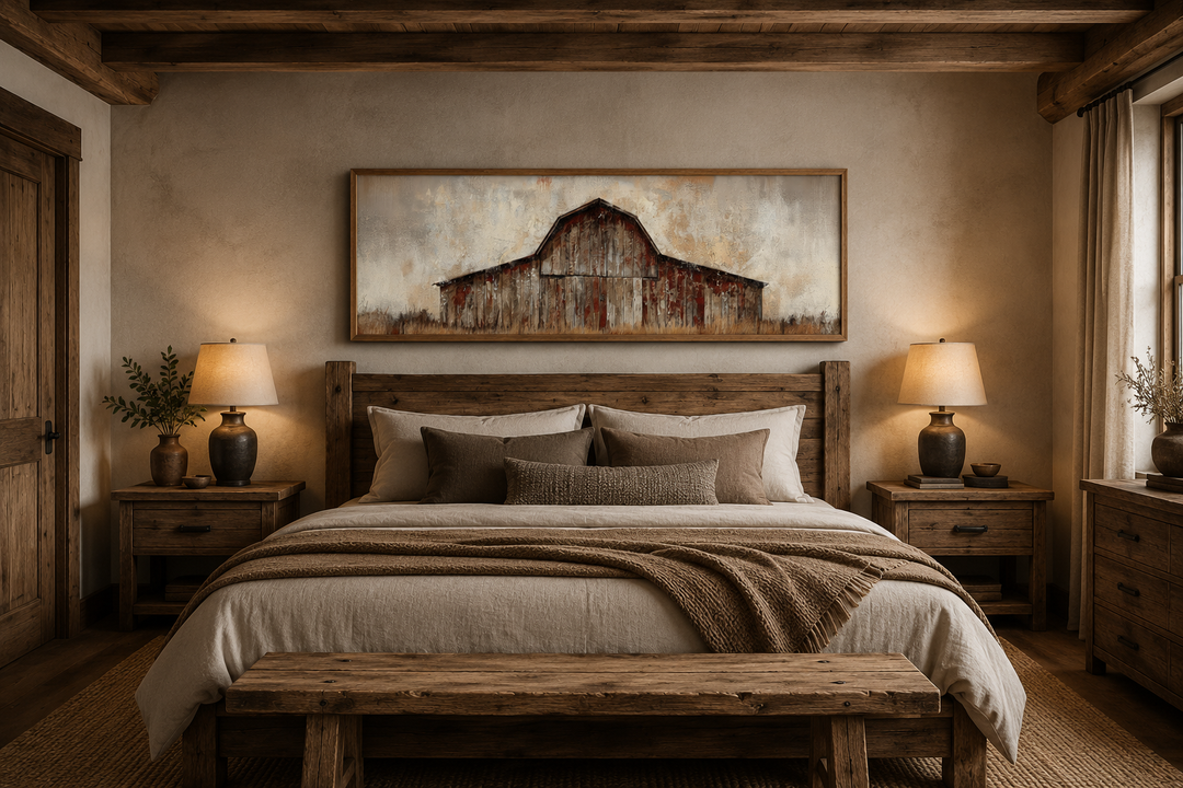 Rustic brown barn panoramic framed canvas wall art hanging above a wooden bed in a cozy bedroom.