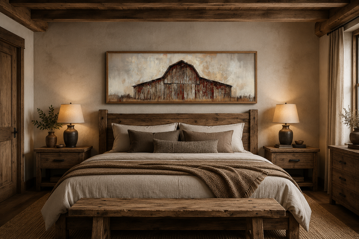 Rustic brown barn panoramic framed canvas wall art hanging above a wooden bed in a cozy bedroom.