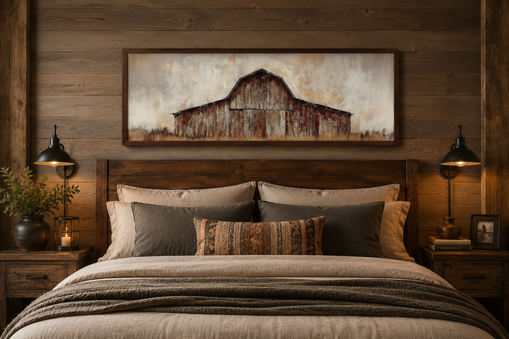 Rustic brown barn panoramic framed canvas wall art hanging above a bed in a farmhouse bedroom.