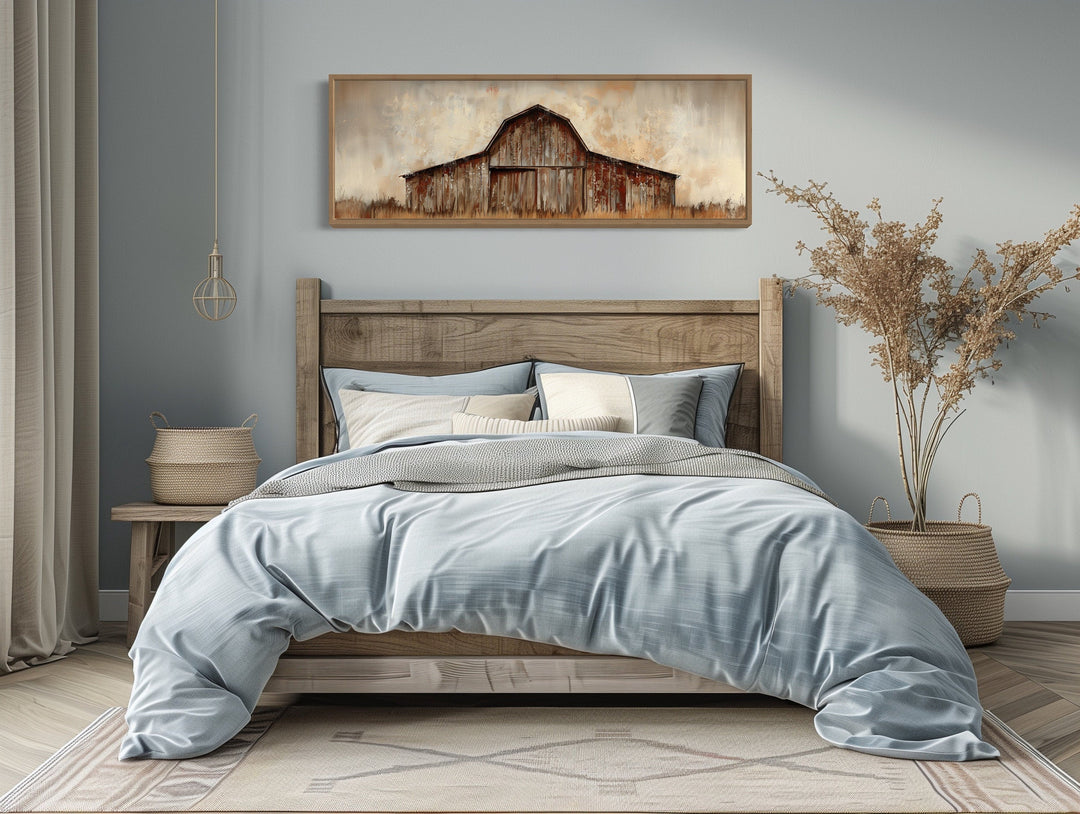 Rustic Brown Barn Panoramic Farmhouse Framed Canvas Wall Art