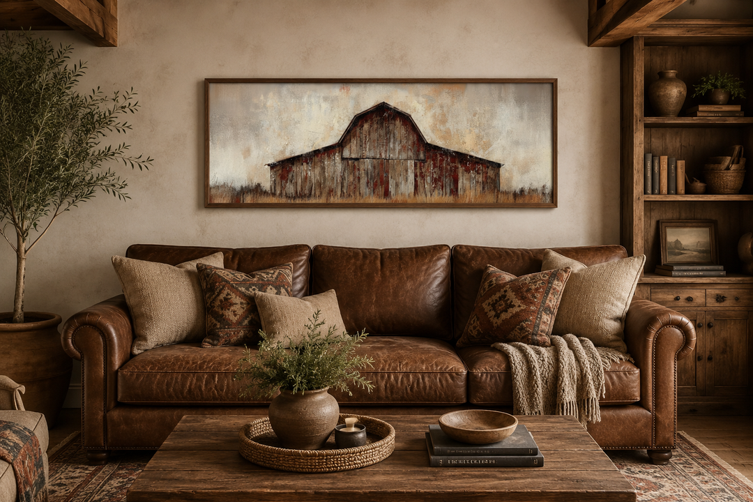 Rustic brown barn panoramic framed canvas wall art hanging above a brown leather sofa.