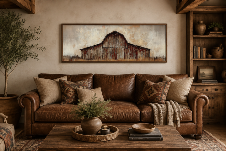 Rustic brown barn panoramic framed canvas wall art hanging above a brown leather sofa.