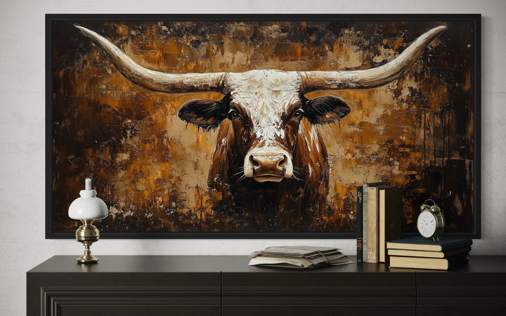 Rustic longhorn bull painting on an abstract brown and ochre background canvas wall art.