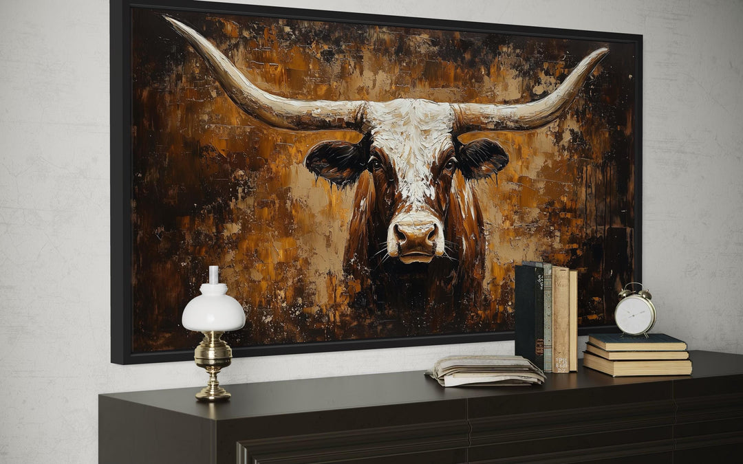 Rustic brown longhorn bull painting on an abstract western background canvas wall art.