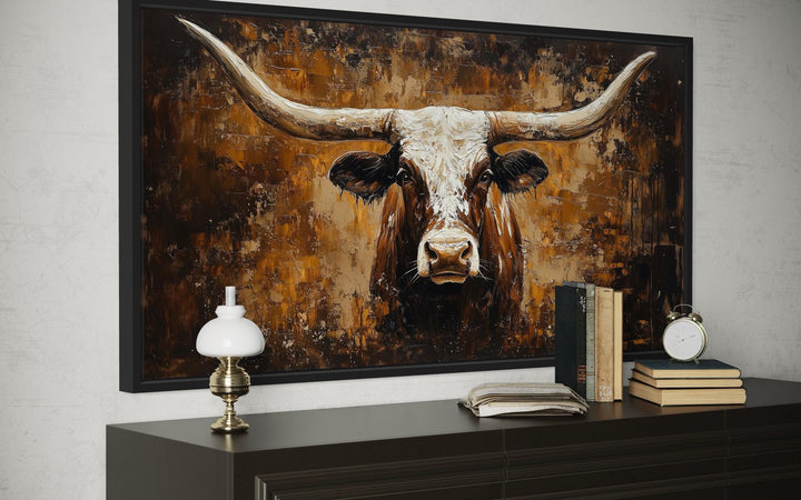 Rustic brown longhorn bull painting on an abstract western background canvas wall art.