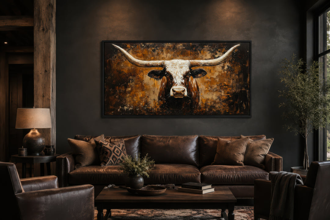 Rustic brown longhorn bull painting on an abstract western background canvas wall art.