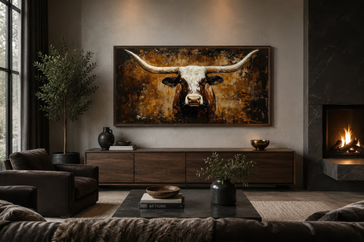 Rustic brown longhorn bull painting on an abstract western background canvas wall art.