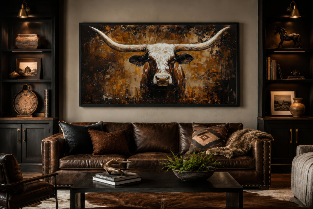 Rustic brown longhorn bull painting on an abstract western background canvas wall art.