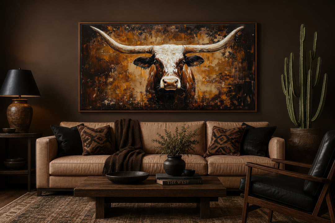 Rustic brown longhorn bull painting on an abstract western background canvas wall art.