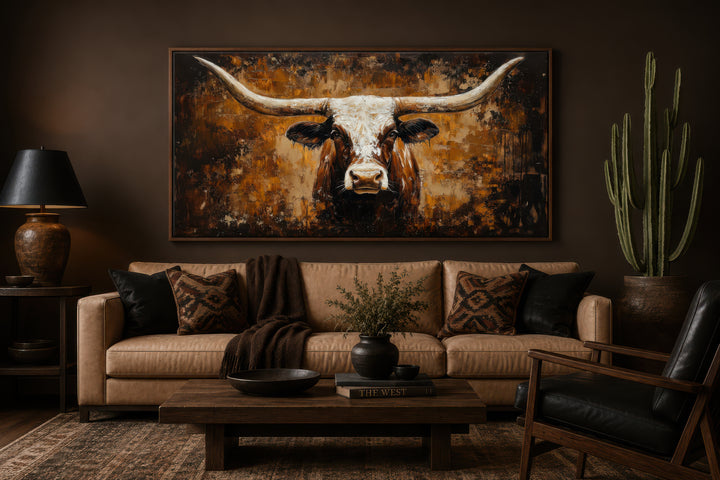 Rustic brown longhorn bull painting on an abstract western background canvas wall art.