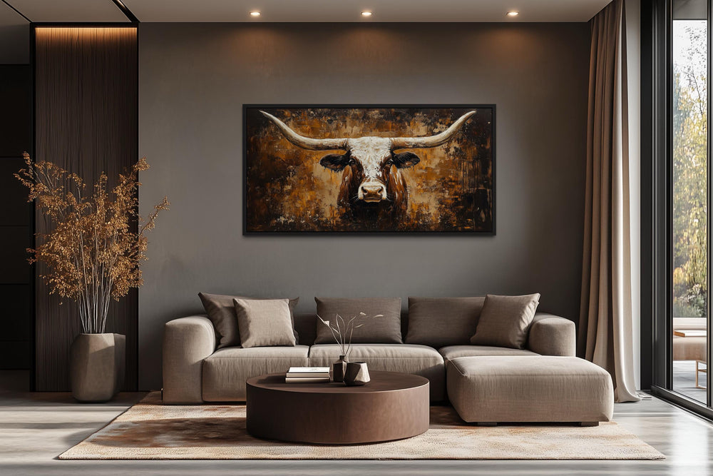 Rustic Brown Longhorn Bull Painting On Abstract Western Background Canvas Wall Art