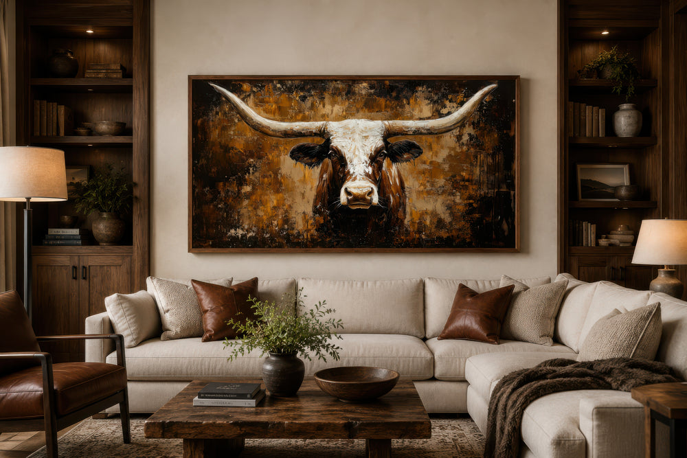 Rustic brown longhorn bull painting on an abstract western background canvas wall art.