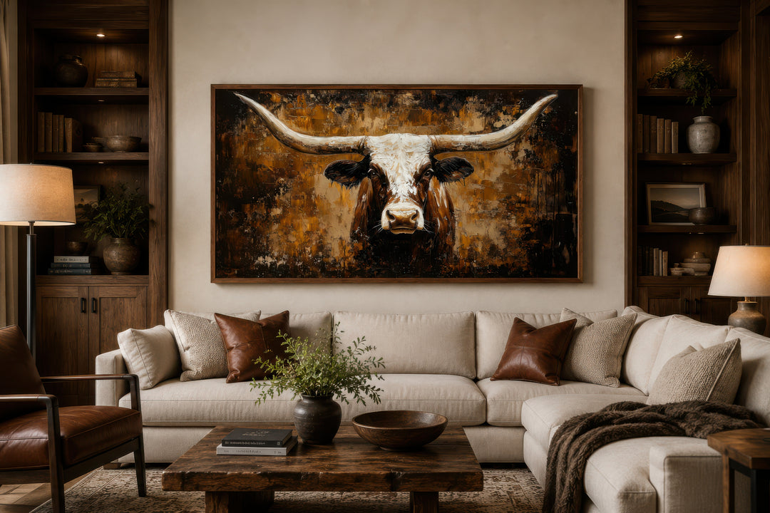 Rustic brown longhorn bull painting on an abstract western background canvas wall art.