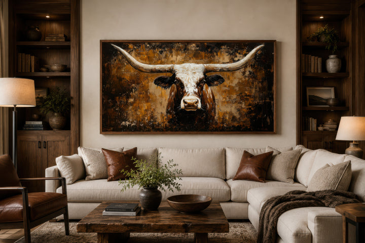 Rustic brown longhorn bull painting on an abstract western background canvas wall art.