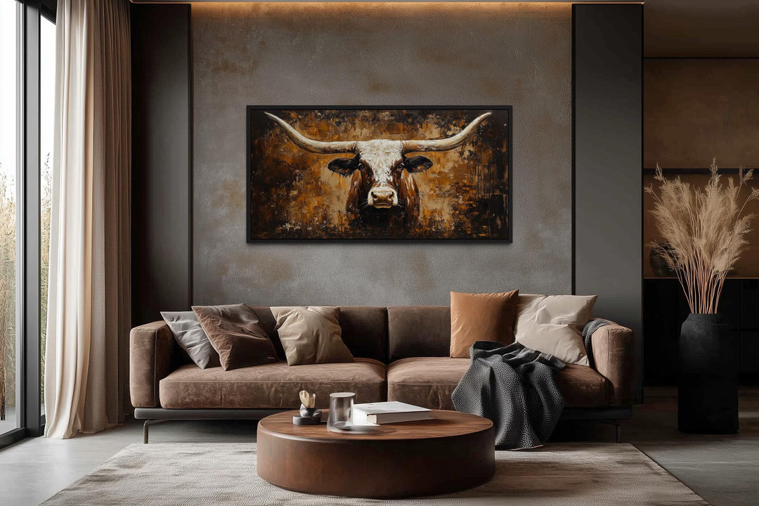 Rustic brown longhorn bull painting on an abstract western background canvas wall art.