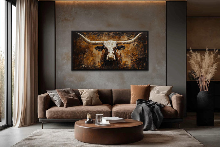 Rustic brown longhorn bull painting on an abstract western background canvas wall art.