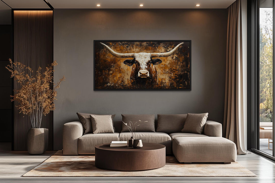 Rustic brown longhorn bull painting on an abstract western background canvas wall art.
