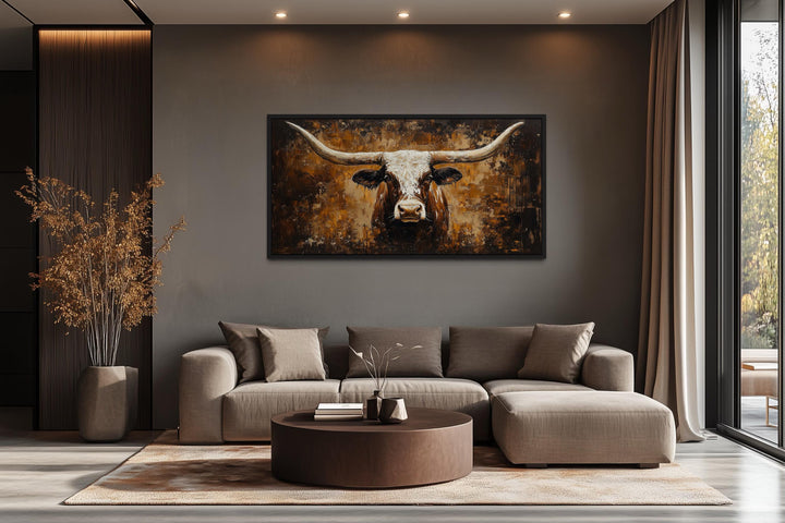 Rustic brown longhorn bull painting on an abstract western background canvas wall art.