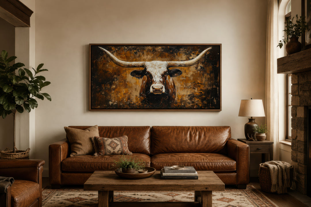Rustic brown longhorn bull painting on an abstract western background canvas wall art.