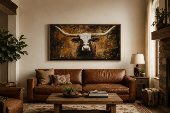 Rustic brown longhorn bull painting on an abstract western background canvas wall art.