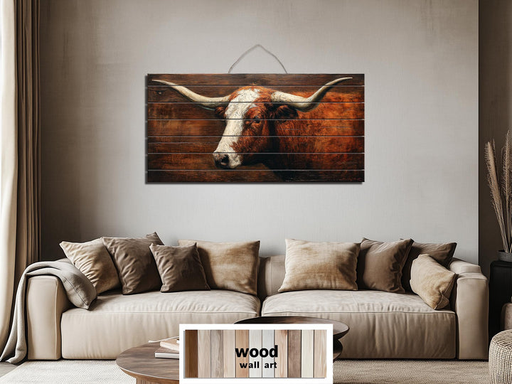 Rustic Brown Longhorn Distressed Wood Wall Art