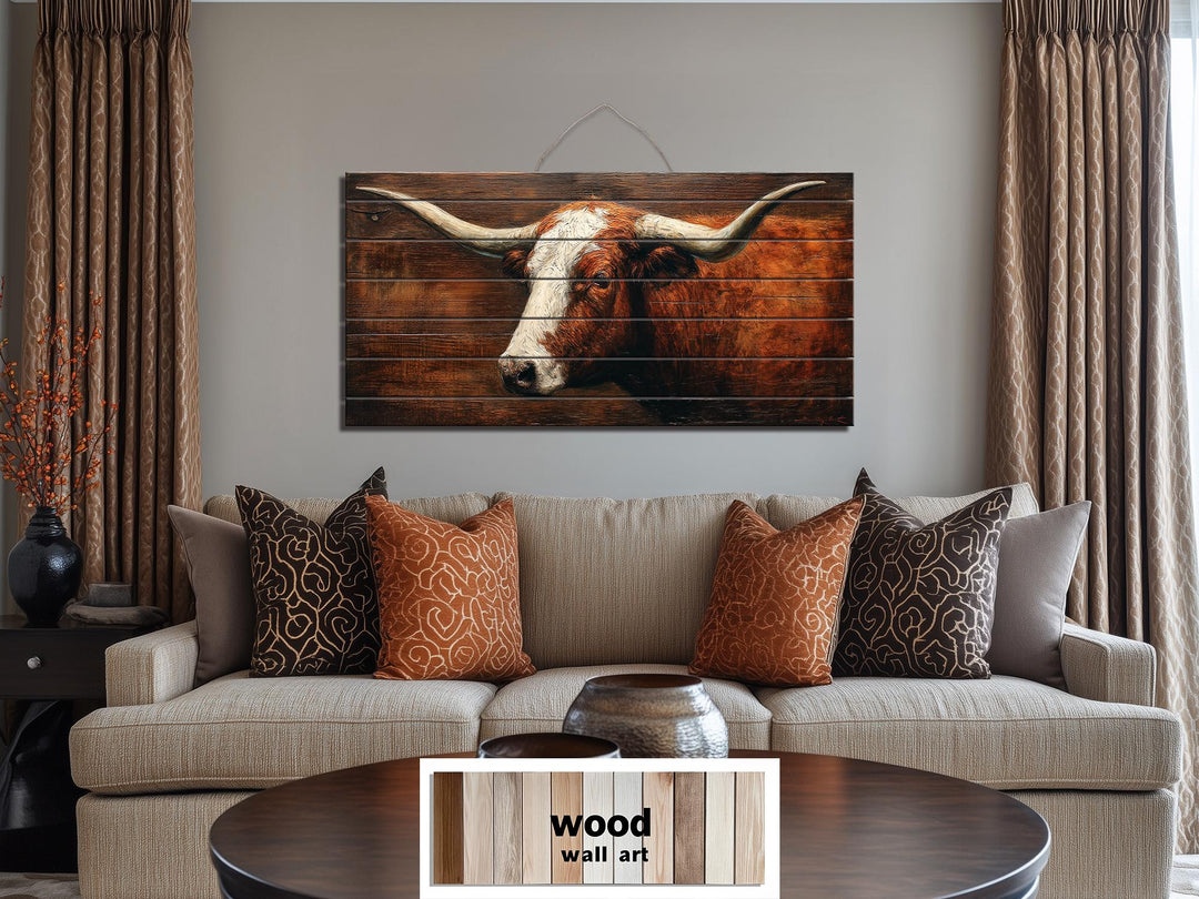 Rustic Brown Longhorn Distressed Wood Wall Art