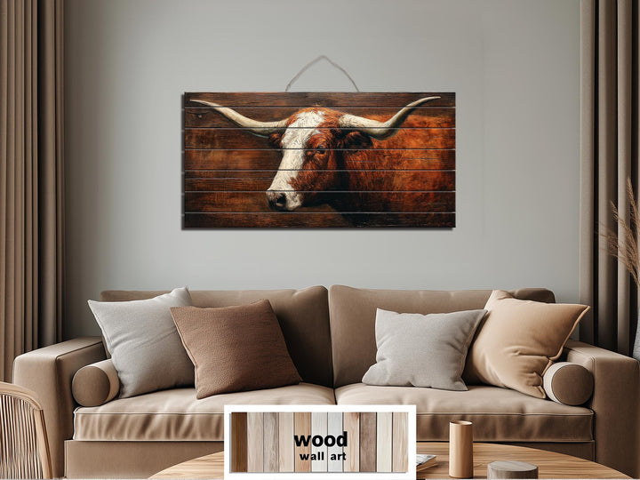 Rustic Brown Longhorn Distressed Wood Wall Art