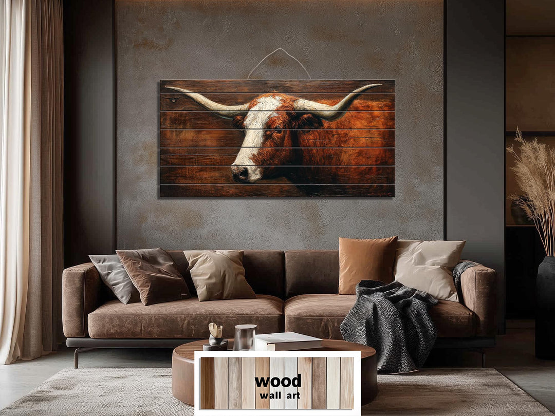 Rustic Brown Longhorn Distressed Wood Wall Art