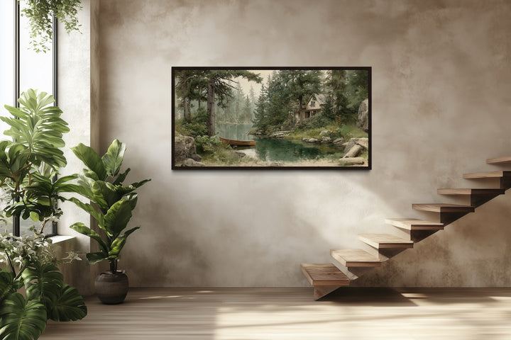 Rustic cabin wall art featuring a framed painting of a wooden boat on a serene lake in a forest.