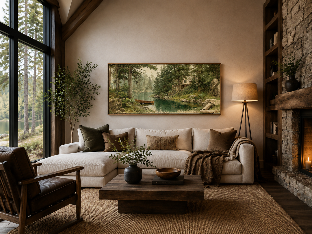 Rustic framed panoramic painting of a wooden boat on a serene lake in a cozy cabin living room.