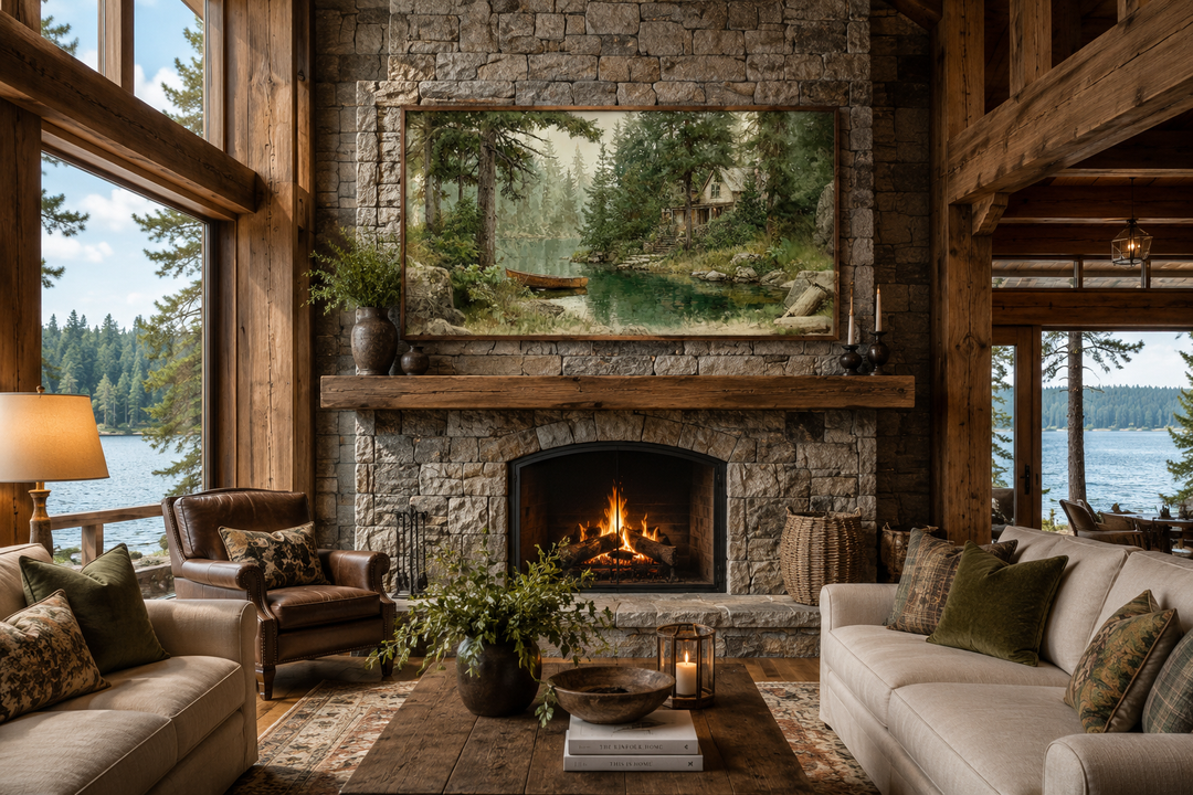 Framed rustic cabin wall art featuring a wooden boat on a serene lake above a stone fireplace.