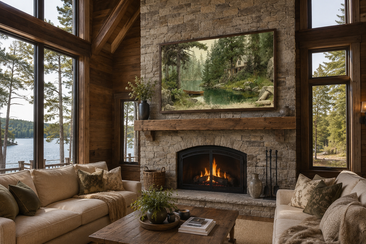 Framed rustic painting of a wooden boat on a lake, hanging above a stone fireplace in a cabin.