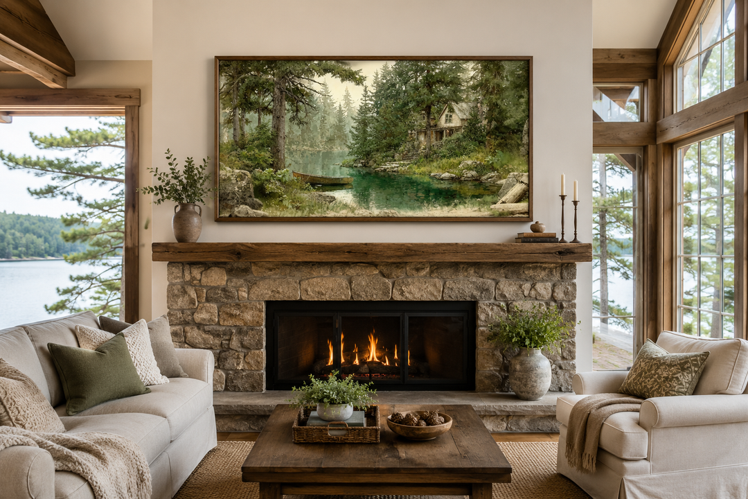 Framed rustic cabin wall art featuring a wooden boat on a serene lake above a stone fireplace.