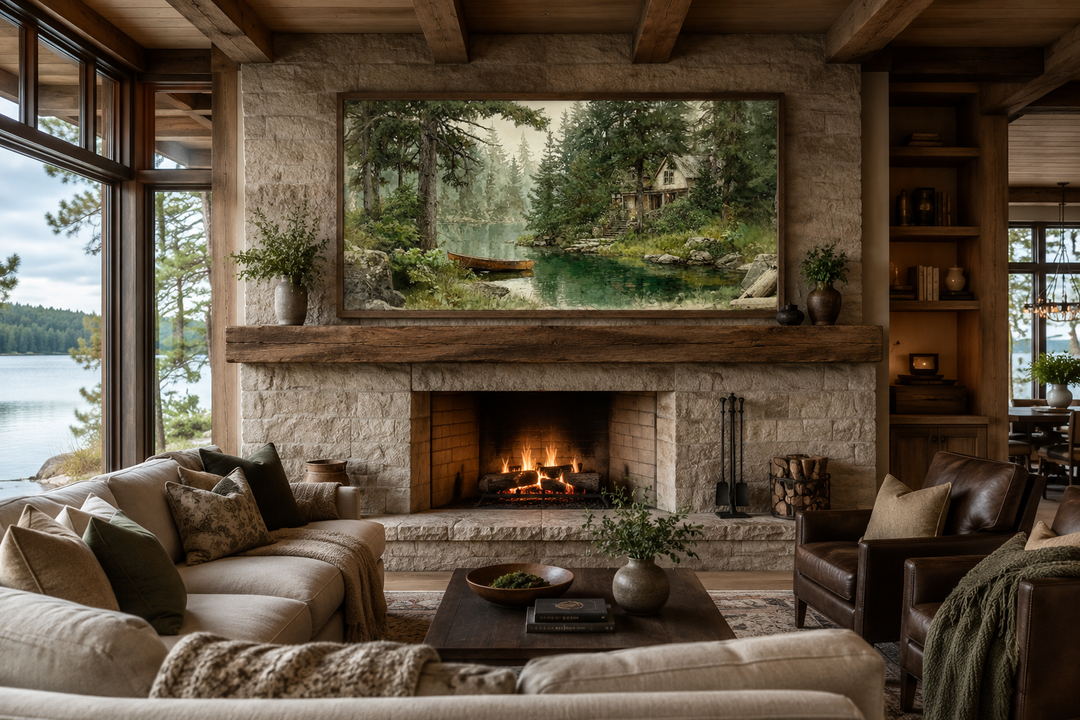 Framed rustic cabin wall art featuring a wooden boat on a serene lake above a stone fireplace.