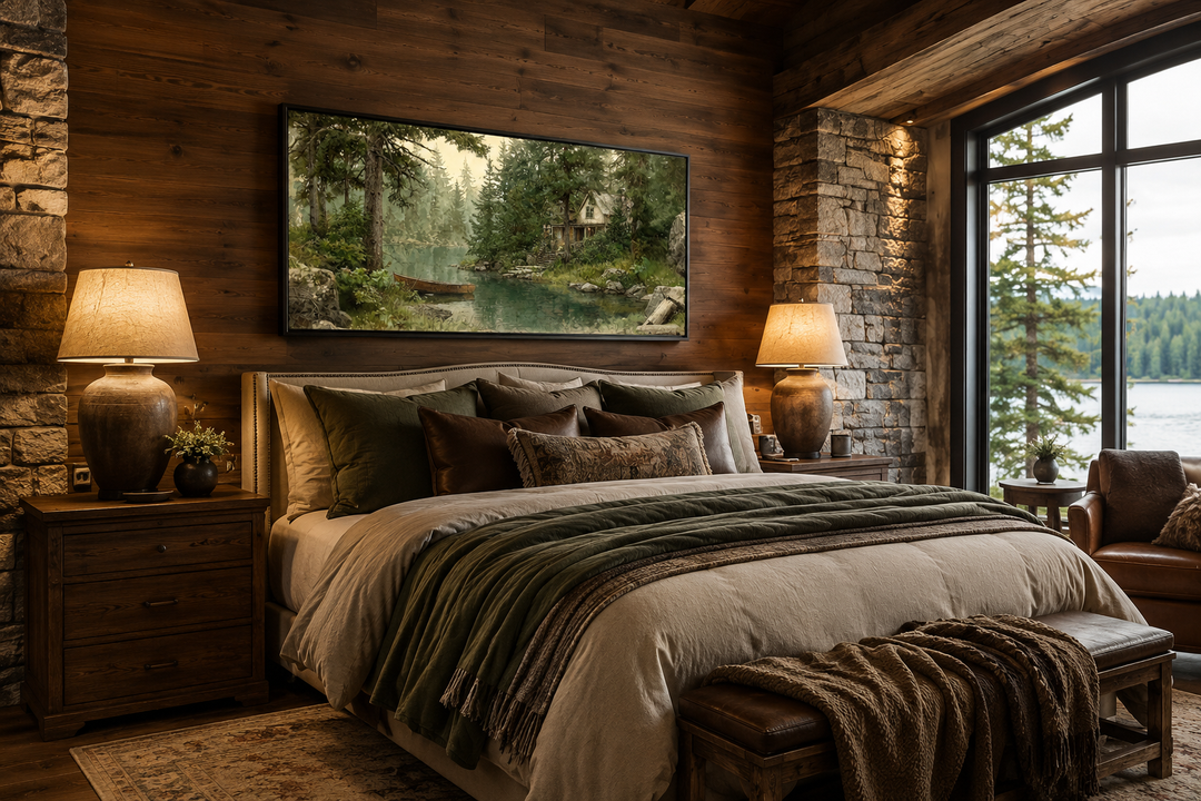 Rustic framed panoramic painting of a wooden boat on a serene lake in a cozy cabin bedroom.
