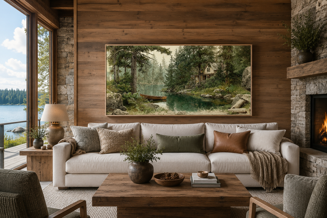 Rustic framed wall art of a wooden boat on a serene lake, displayed in a cozy cabin living room.