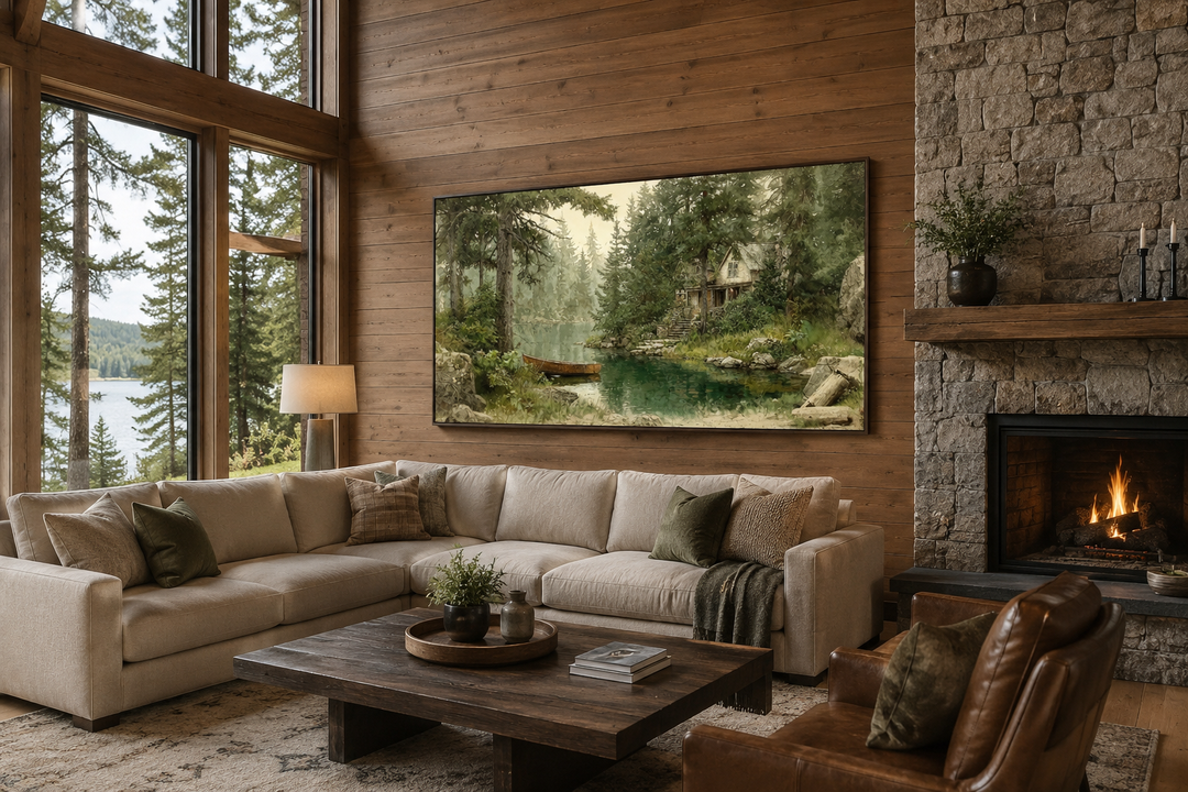Rustic framed painting of a wooden boat on a serene lake, displayed in a cozy cabin living room.