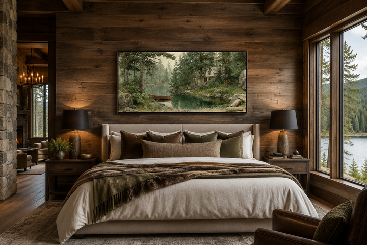 Panoramic framed painting of a wooden boat on a serene lake, hung above a bed in a rustic bedroom.