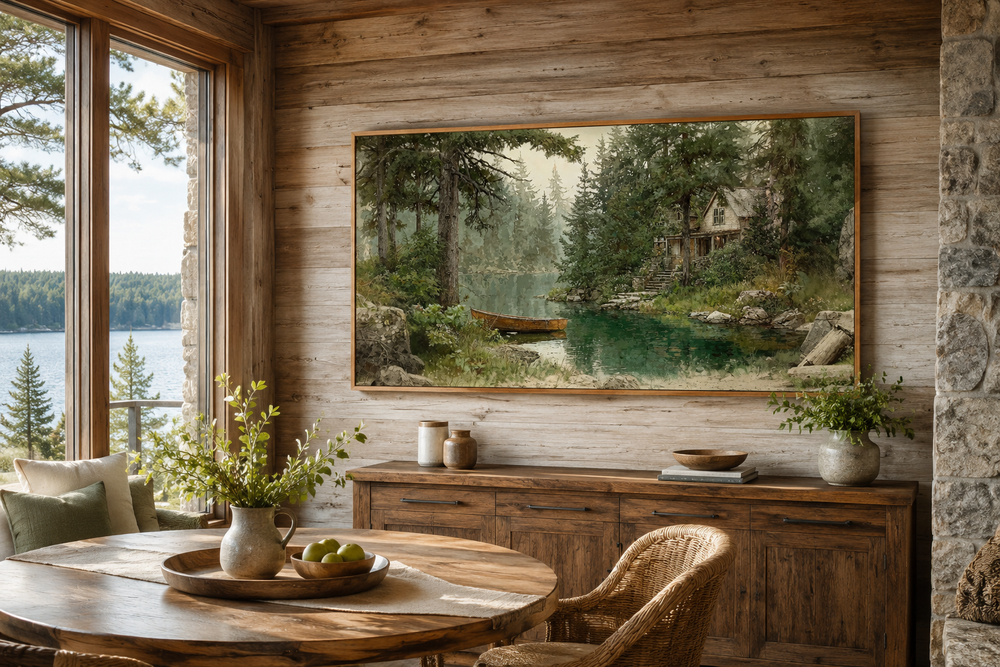 Framed rustic cabin wall art featuring a wooden boat on a serene lake surrounded by pine trees.
