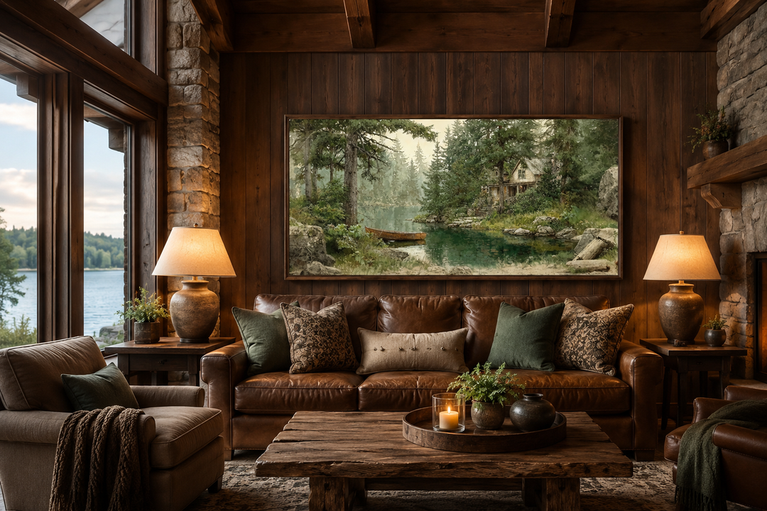 Framed panoramic painting of a wooden boat on a lake, hung in a rustic cabin living room.