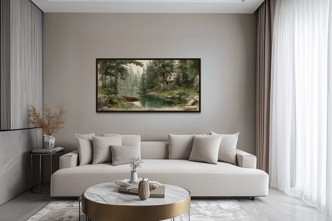 Rustic Cabin Wall Art – Framed Wooden Boat Painting | Cozy Lake House Decor