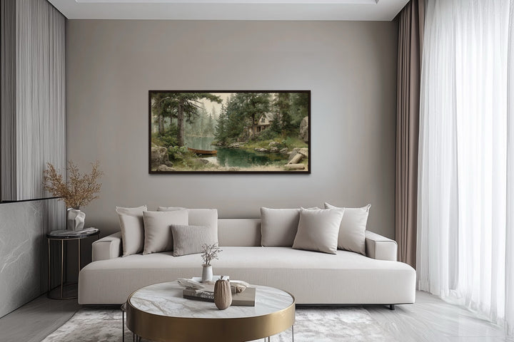 Rustic Cabin Wall Art – Framed Wooden Boat Painting | Cozy Lake House Decor