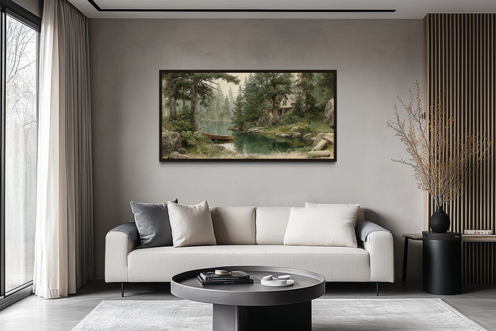 Rustic Cabin Wall Art – Framed Wooden Boat Painting | Cozy Lake House Decor
