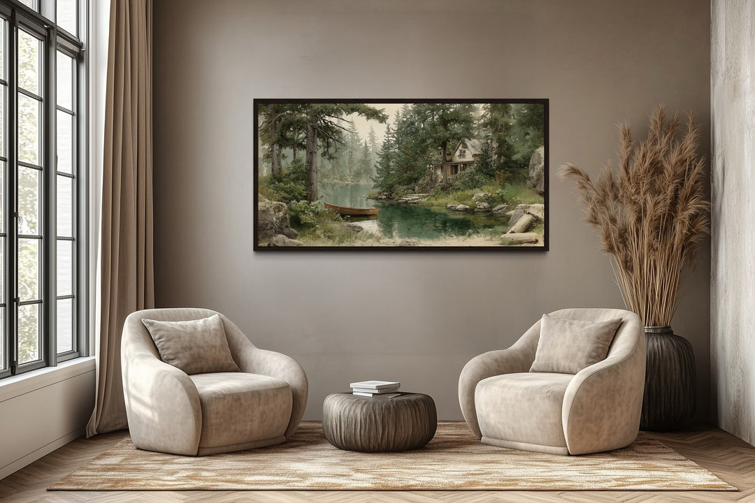 Rustic cabin wall art featuring a framed wooden boat painting above two beige armchairs.